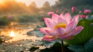 What Does the Lotus Flower Symbol Mean/Beautiful pink lotus flower blooming above water symbolizing purity, enlightenment, and spiritual growth